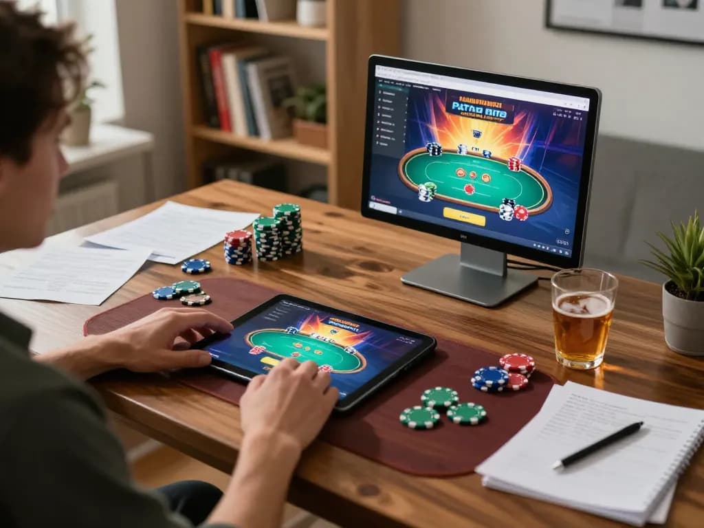 Engaged in online poker at home with 388bet tablet showing betting options and strategies.