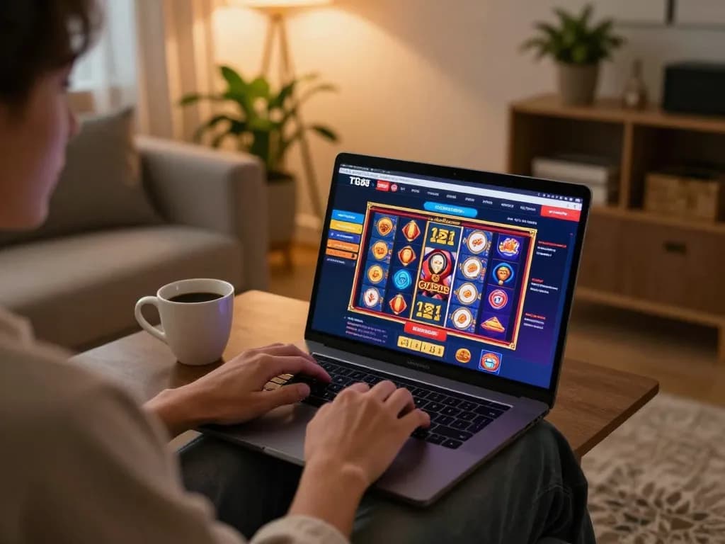 Player enjoying online casino gaming on the TG88 platform at home with cozy decor