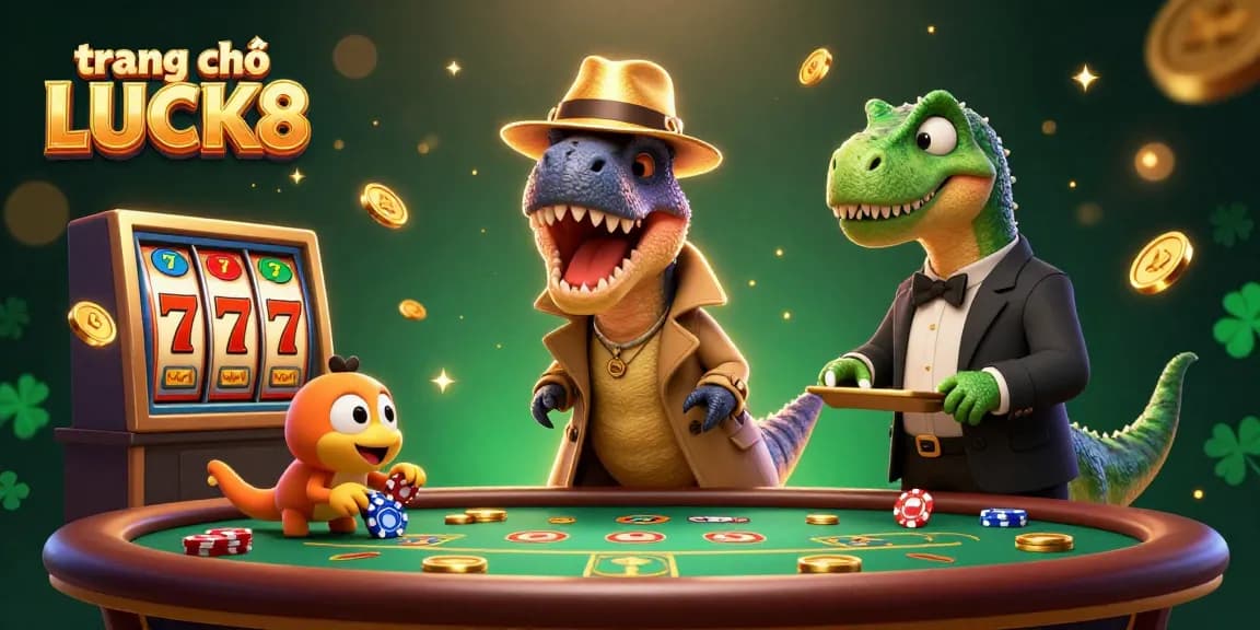 Experience the vibrant scene at trang chủ LUCK8 with animated casino characters engaged in thrilling slot action.