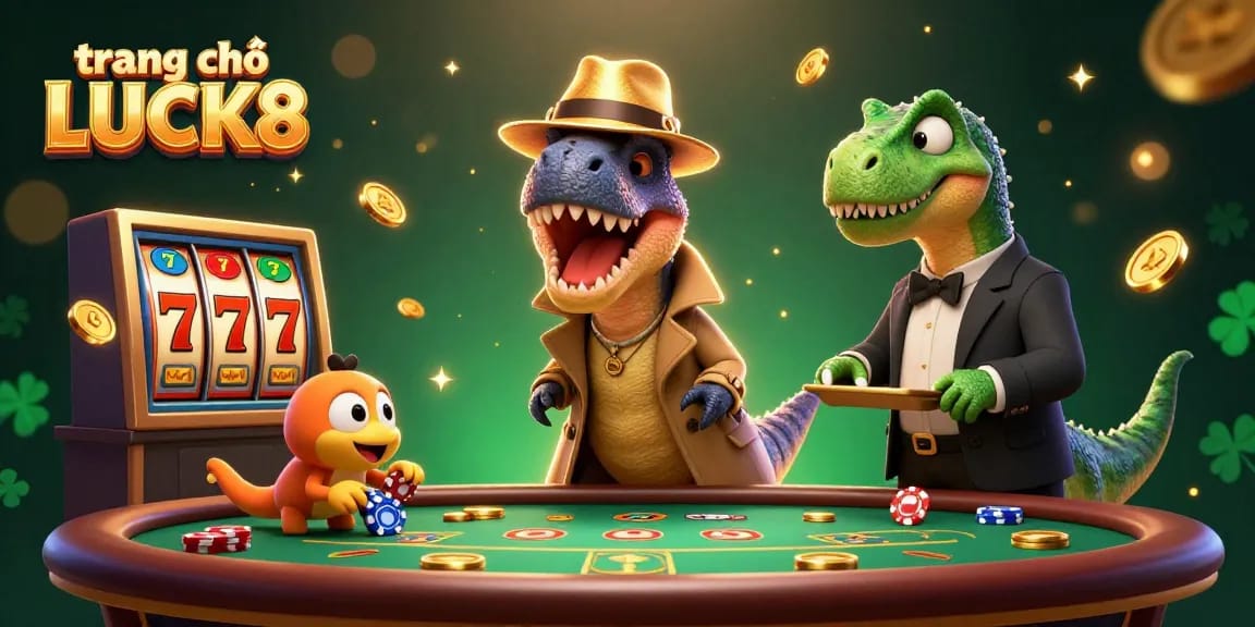Experience the vibrant scene at trang chủ LUCK8 with animated casino characters engaged in thrilling slot action.