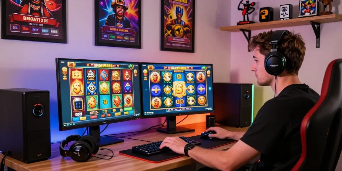 Action-packed gamer engaged in bonus buy slots UK gameplay with vibrant visuals and gaming accessories in a lively atmosphere.