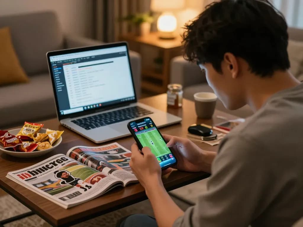 Engaged sports bettor analyzing keo nha cai 5 on smartphone while enjoying a football match at home