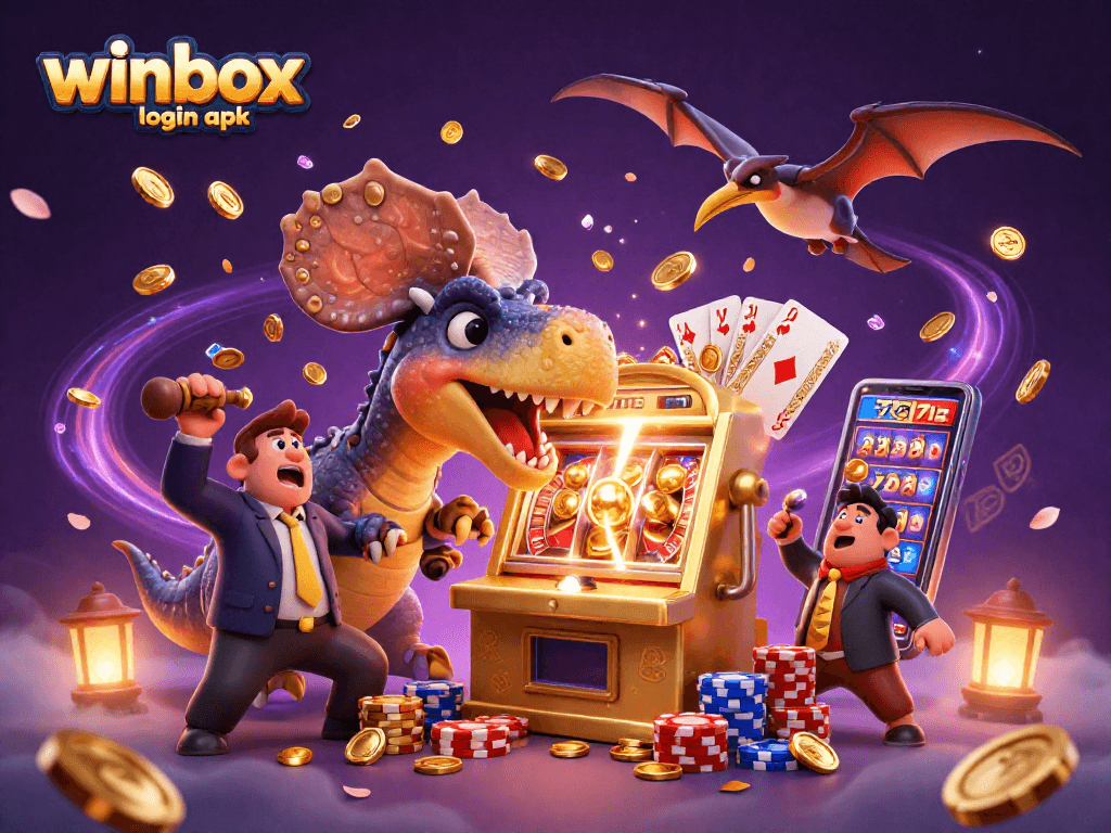 Winbox login apk scene, pachycephalosaurus hitting a slot machine, gold coins flying.