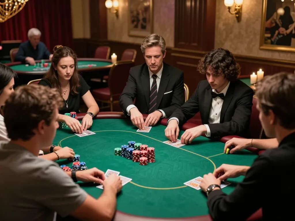 Players strategizing in a high-stakes poker game at 98win's luxurious venue with elegant decor.