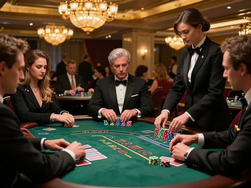Players engaging in a high-stakes blackjack game at cm88 casino, showcasing strategic gameplay and luxurious ambiance