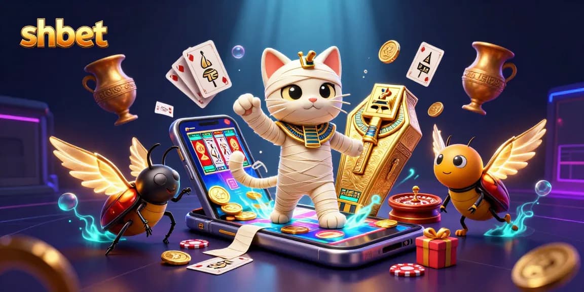 Spin the reels at shbet with Egyptian-themed gaming adventure featuring a mummy cat.