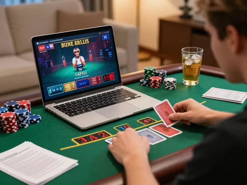uu88 player enjoying an engaging online blackjack game on a laptop while sipping a drink.
