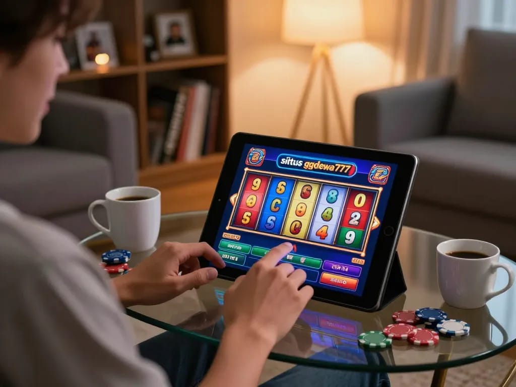 Situs ggdewa777 player enjoying online slots in cozy home atmosphere with vibrant screen and casino chips.