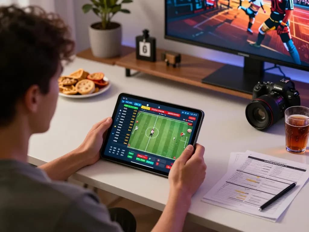 Person analyzing soi kèo nhà cái on a tablet in a cozy home environment, showcasing an engaging sports betting scene.