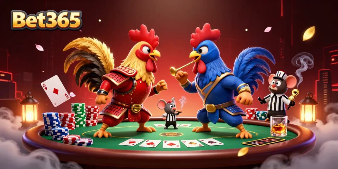 Bet365 fighting roosters standoff with poker elements showcasing interactive gambling excitement