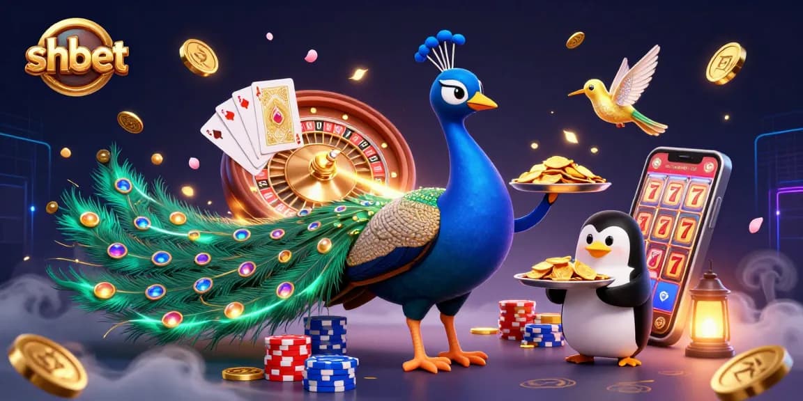 Engage with shbet's vibrant casino excitement, featuring a peacock, penguin, and hummingbird amidst dynamic gaming elements.