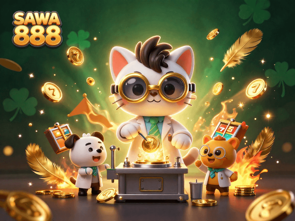 SAWA 888 showcases a lively scene of a mad scientist cat and assistant dog amidst vibrant casino elements.