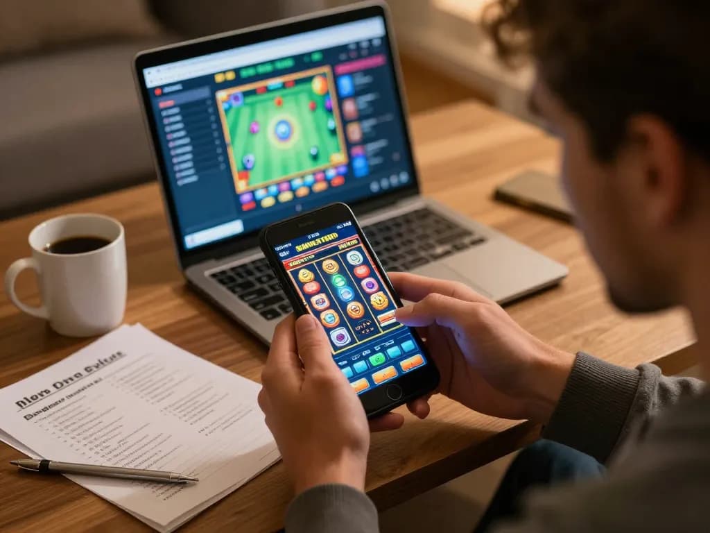Player engaging with non gamstop slot game on mobile device in a cozy home setting