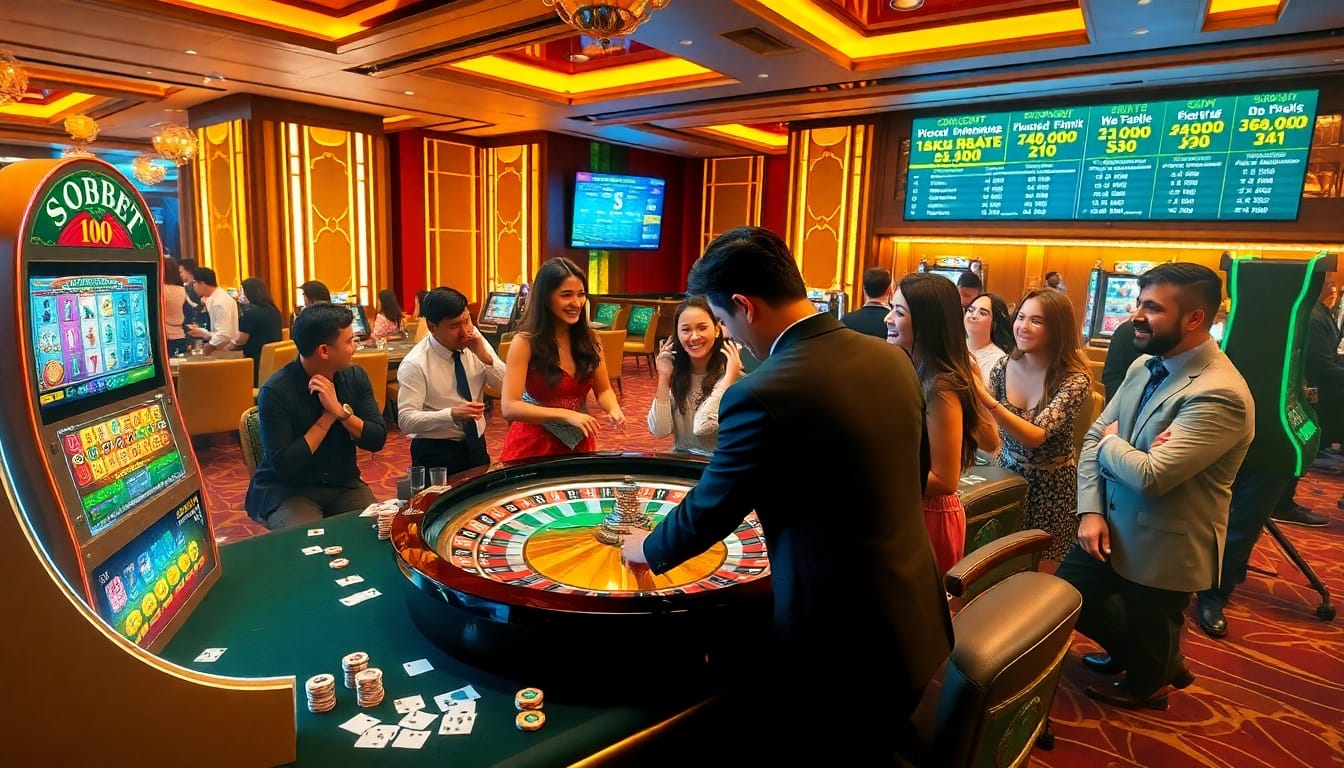 Action-packed gaming scene showcasing sbobet link alternatif with roulette and slot machines in a vibrant casino atmosphere.