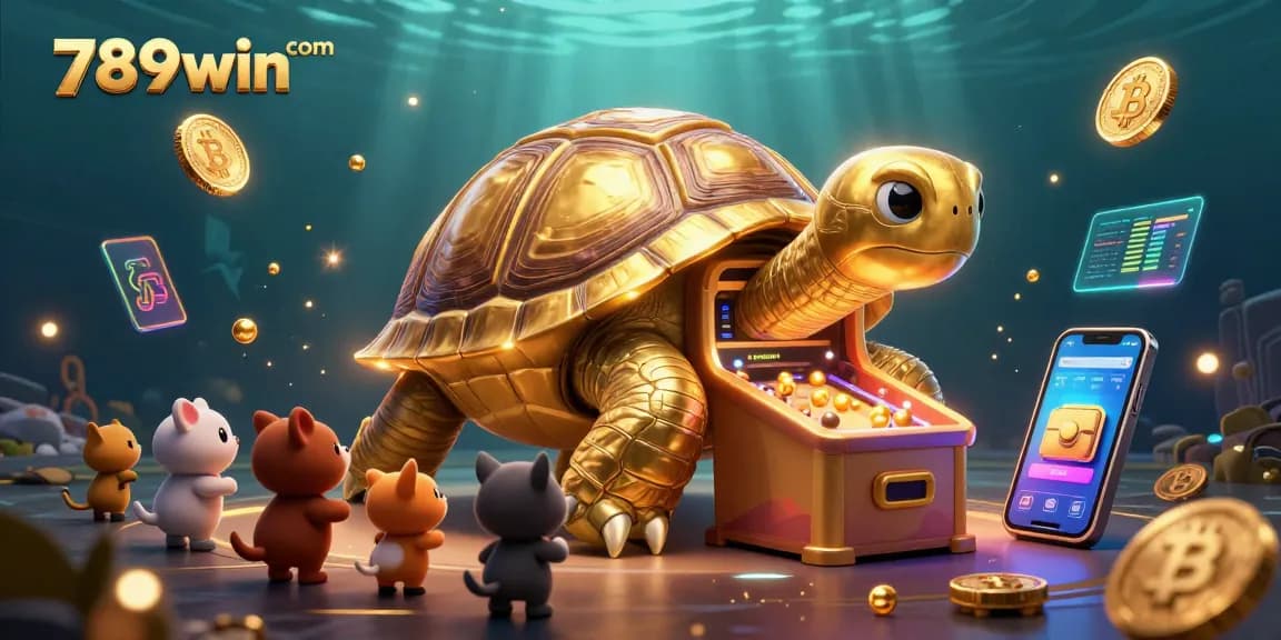 Engage with thrilling games at 789win com featuring a vibrant gaming scene with a colossal golden tortoise.