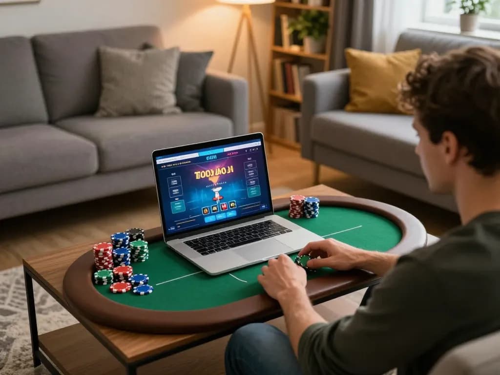 Player enjoying online poker at home using 88xx platform, showcasing vibrant gameplay.