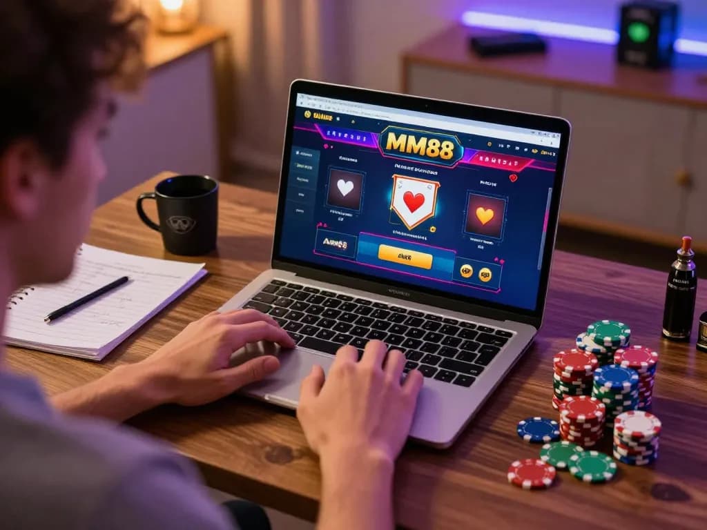 Player engaging with MM88 online casino platform on a laptop, showcasing vibrant gaming excitement