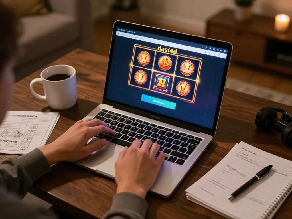 Pemain berinteraksi dengan login dasi4d di laptop untuk pengalaman permainan slot yang menarik