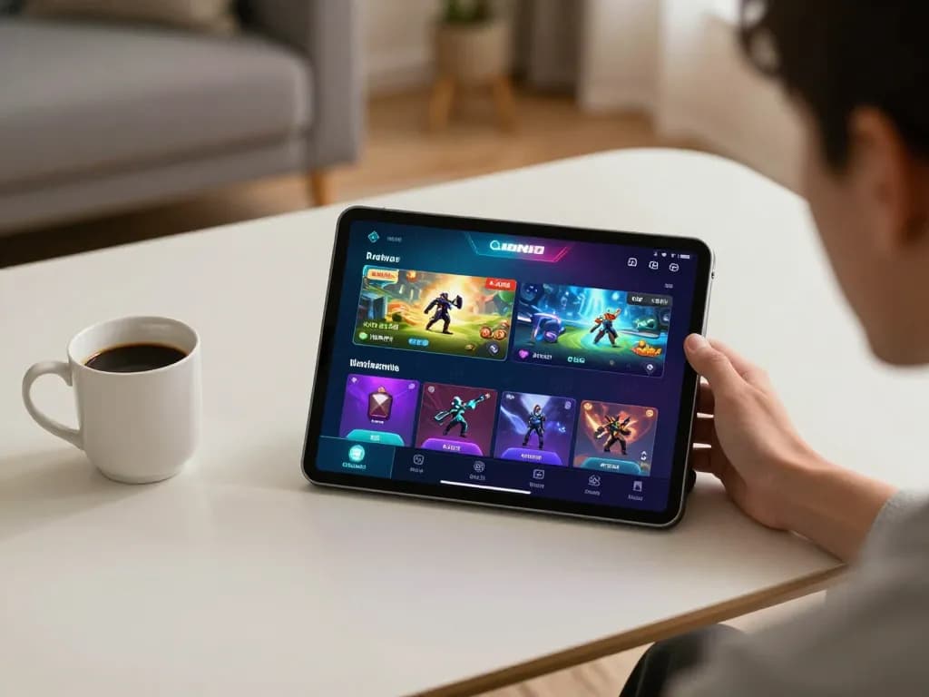 Engaging gameplay on NK88 mobile app with a tablet showing casino options in a cozy setting