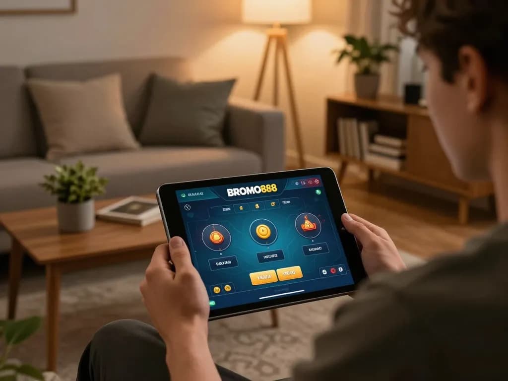 BROMO888 user engaging in online gambling on tablet in a cozy home setting.