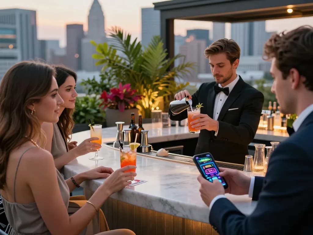 M109 casino enthusiasts enjoying mobile gaming at a stylish rooftop bar.