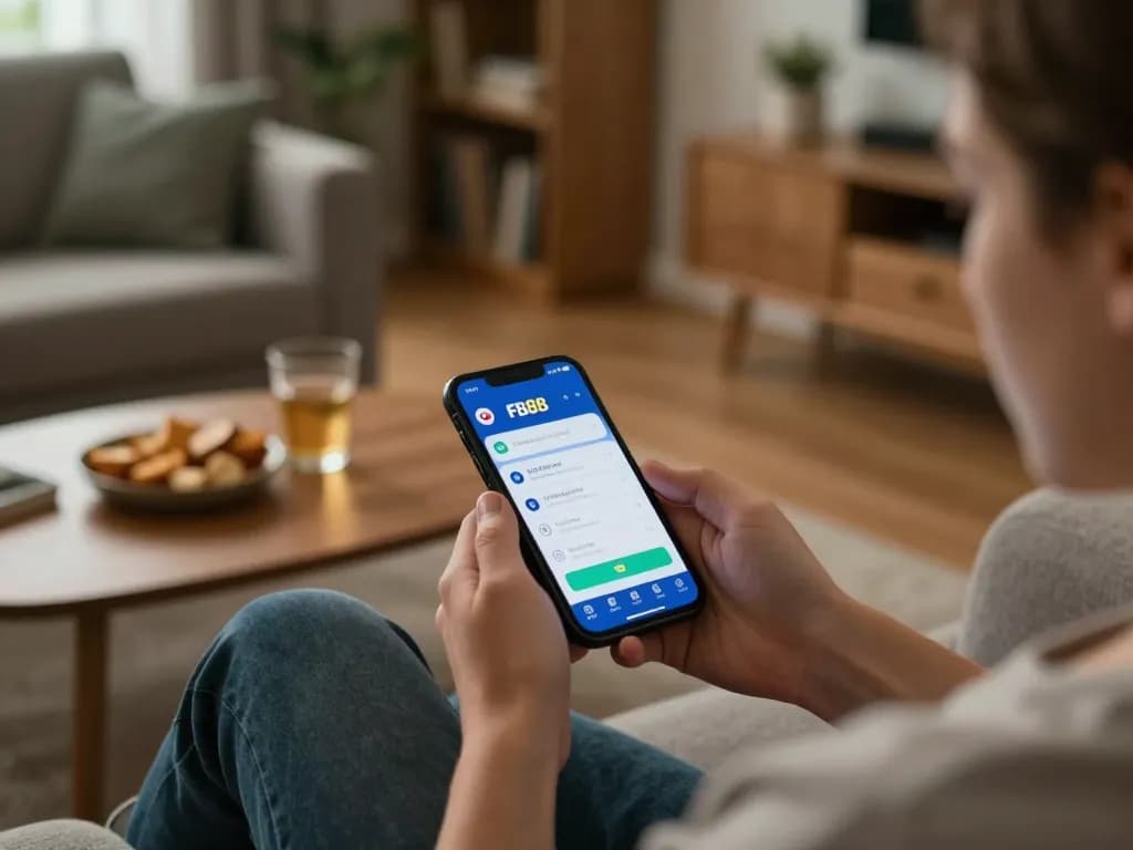 Engaging in mobile gaming on the FB88 app while relaxing at home with snacks and drinks