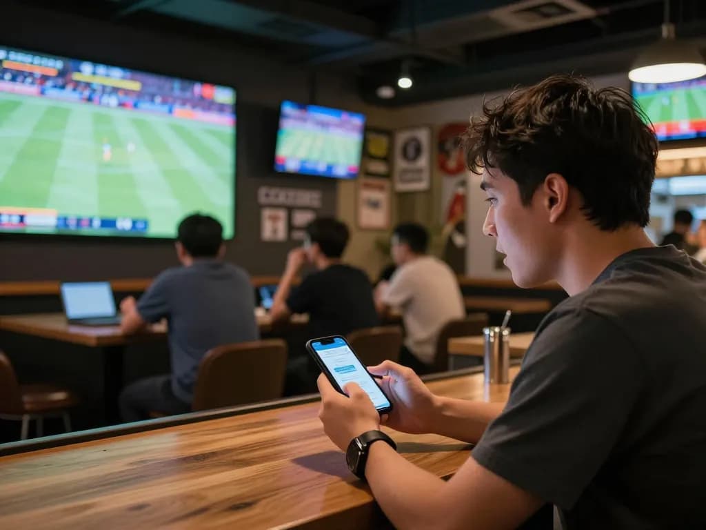 Soi Kèo sports betting scene with user engaged in live betting, vibrant bar atmosphere