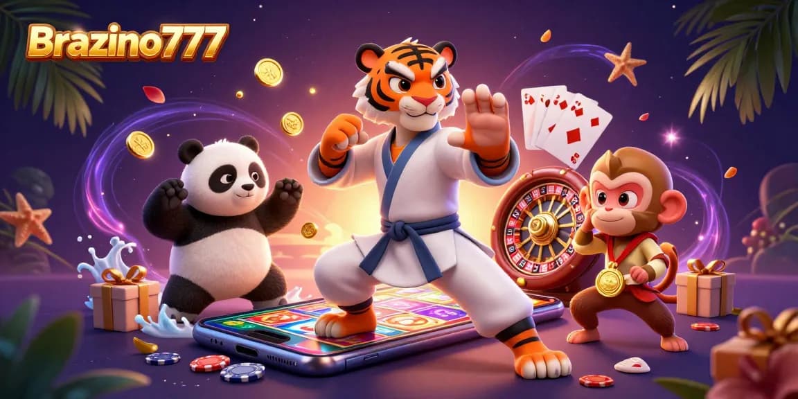 Brazino777 engages players with a vibrant 3D casino scene featuring playful characters and dynamic gaming elements.