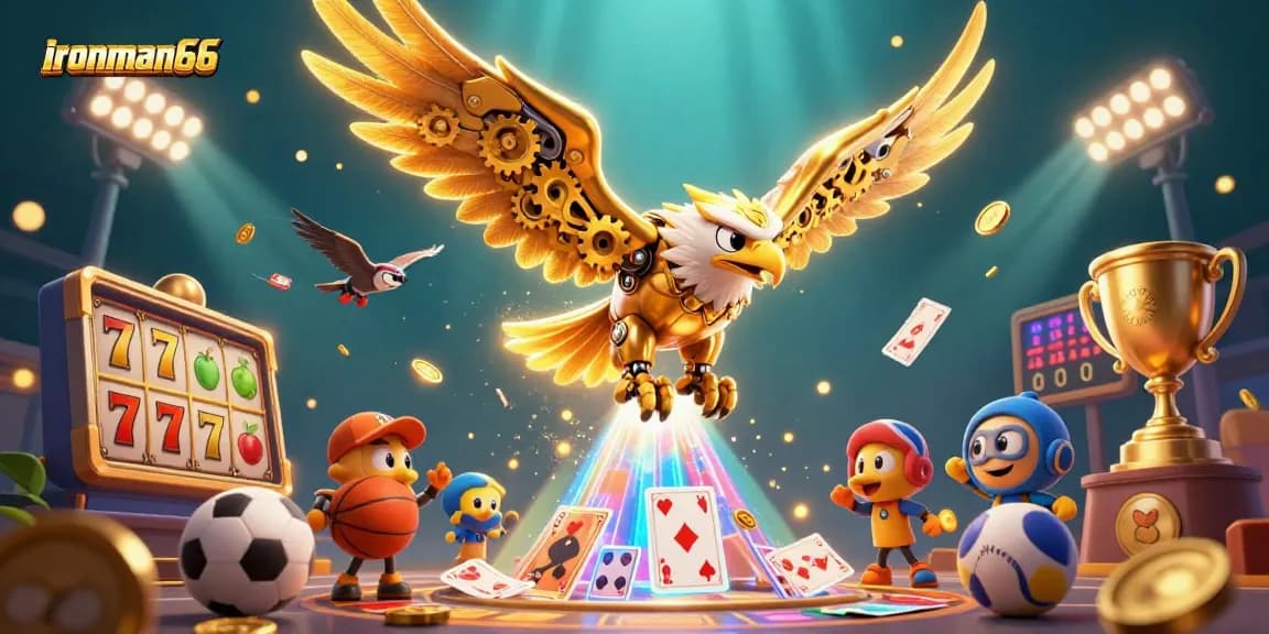 Experience ironman66's vibrant gaming world with a dynamic 3D casino illustration featuring exciting slot elements and a golden eagle.