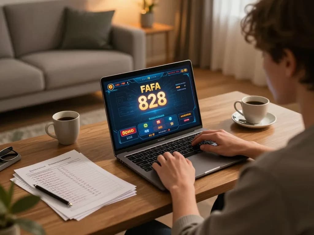 Engaging gameplay on FAFA 828 in a cozy home setup with a laptop and notes.