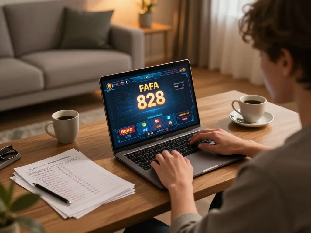 Engaging gameplay on FAFA 828 in a cozy home setup with a laptop and notes.