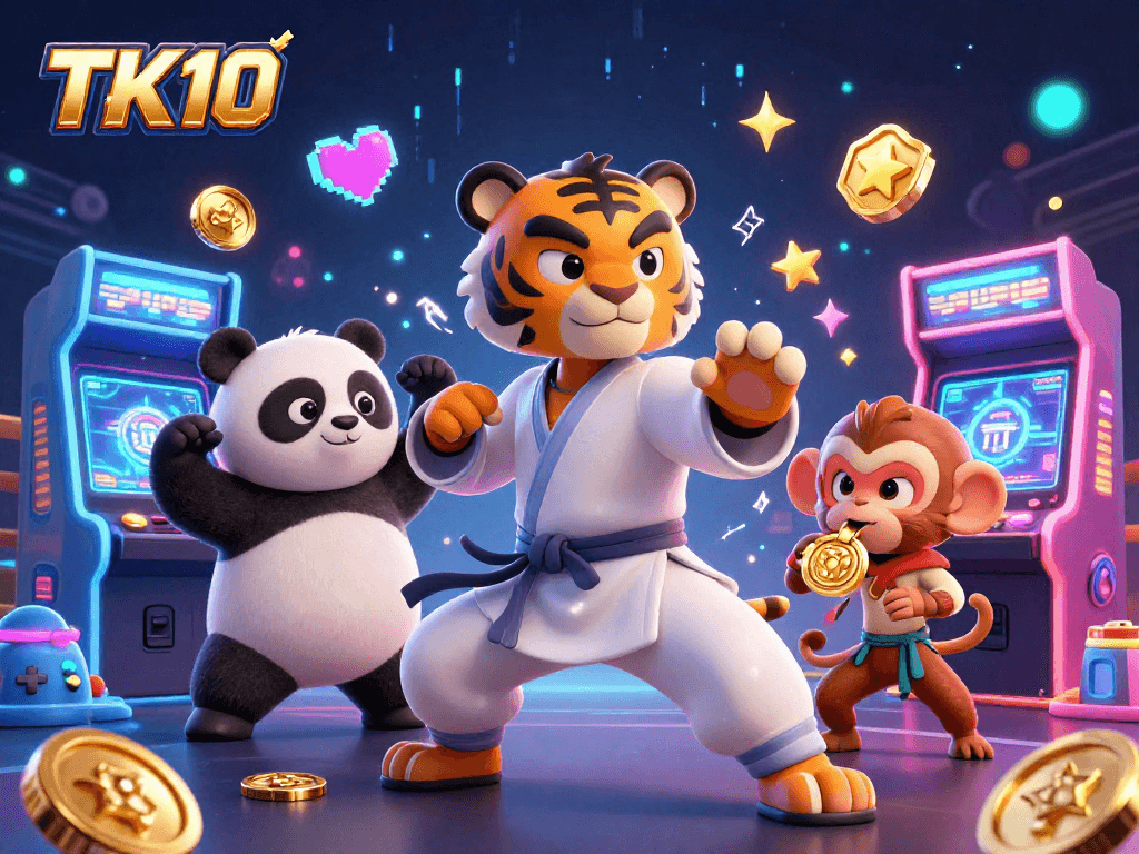 Experience thrilling gaming action with TK10's exciting casino illustration featuring diverse characters in a vibrant scene.