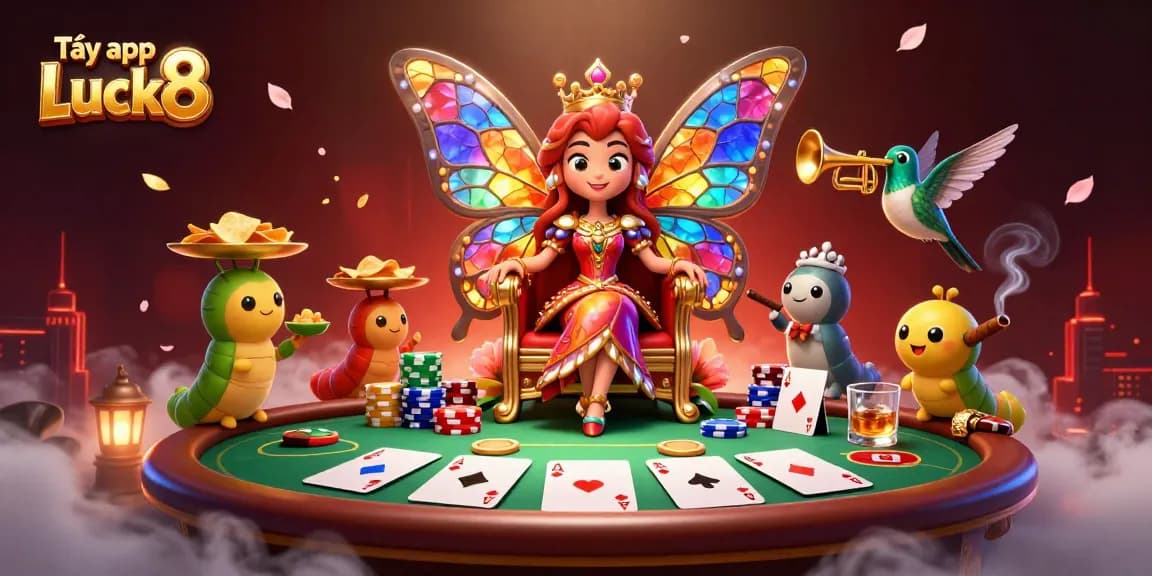 Tải app Luck8 for seamless gaming experience, featuring a vibrant casino scene with a butterfly queen and poker elements.