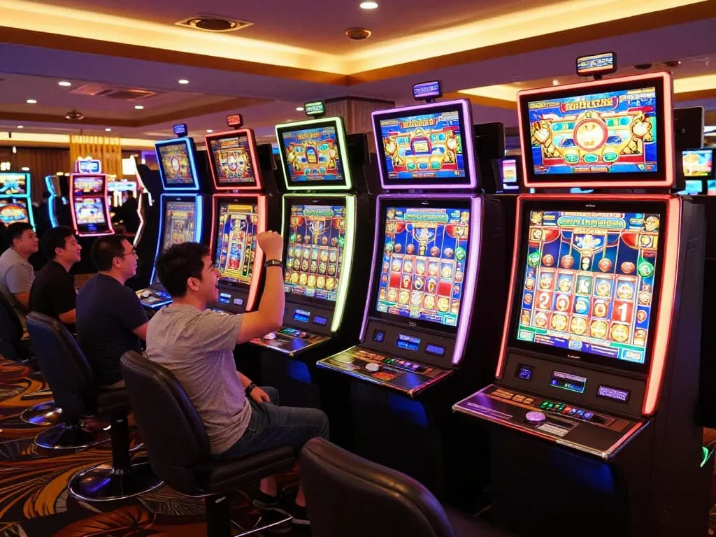 Exciting players celebrating slot gacor wins at colorful slot machines in a vibrant casino atmosphere.