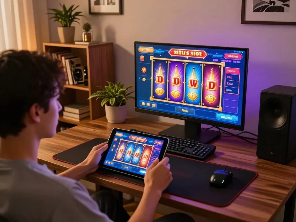 Player enjoying situs slot gameplay on tablet, showcasing vibrant online casino experience.