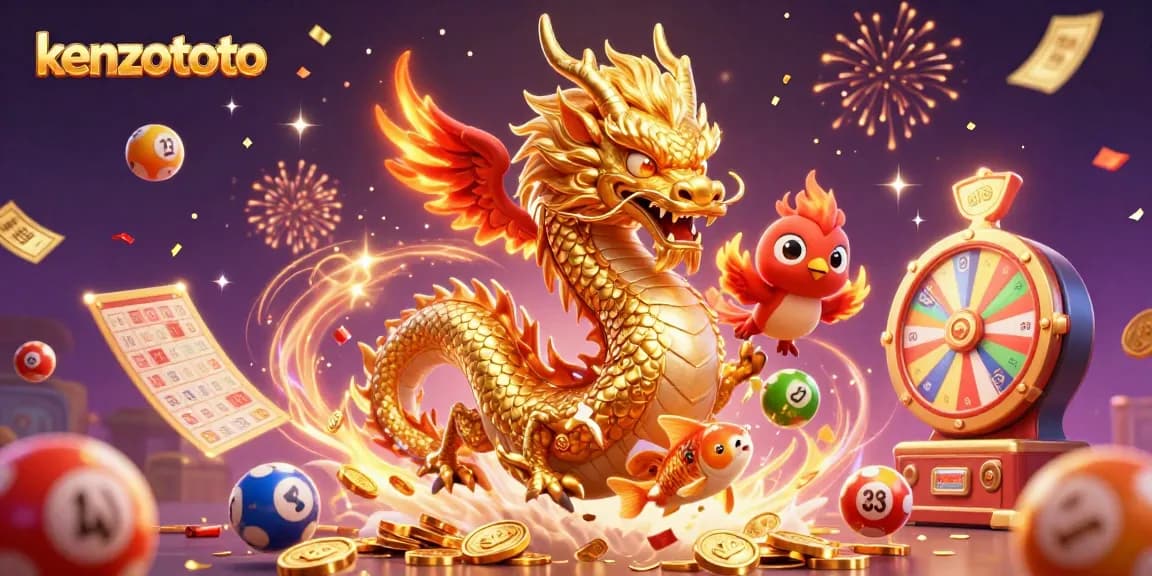 Kenzototo players enjoy dynamic lottery action with a dragon, phoenix, and koi fish surrounded by vibrant gaming elements.