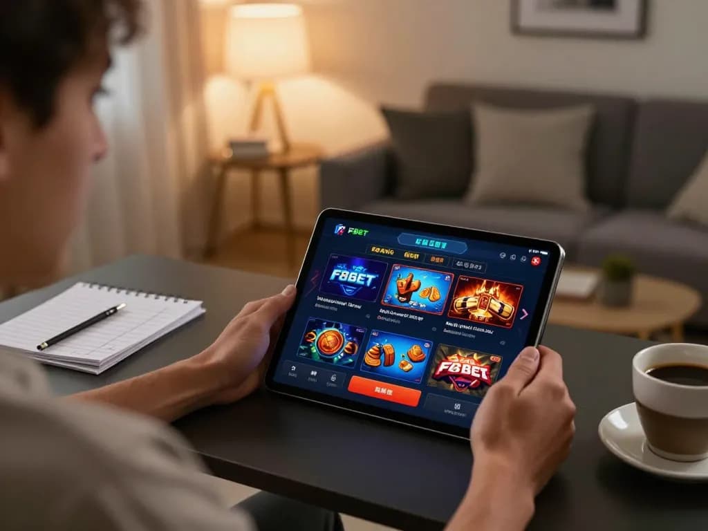 Engaging with the F8BET app on a tablet in a cozy home gaming setup