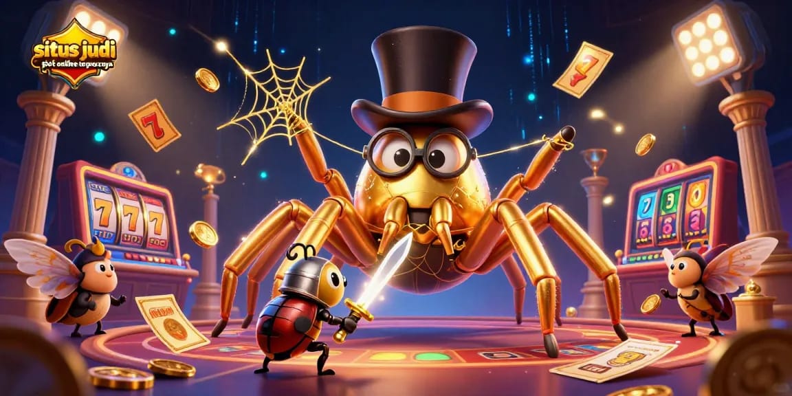 Engage with situs judi slot online terpercaya's golden tarantula and beetle knight in an enchanting casino scene.