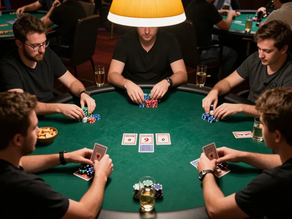Engaged players demonstrating strategic gameplay at OKFUN poker table, illuminated by warm lighting.