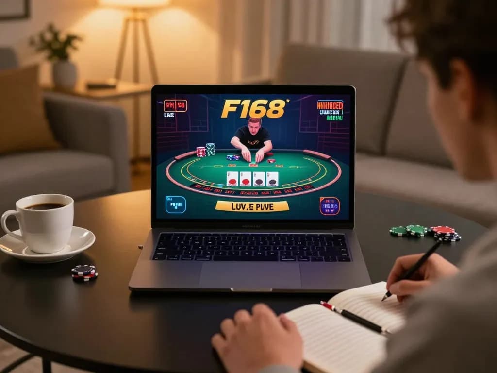 Player enjoying thrilling live dealer options at F168 on a laptop, showcasing online gambling excitement.