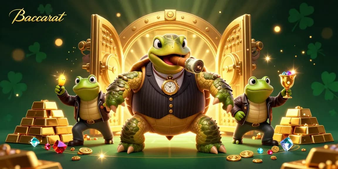 Baccarat-themed scene with a vintage snapping turtle mobster and bullfrog enforcers amidst treasures and sparkles, creating a dynamic casino atmosphere.