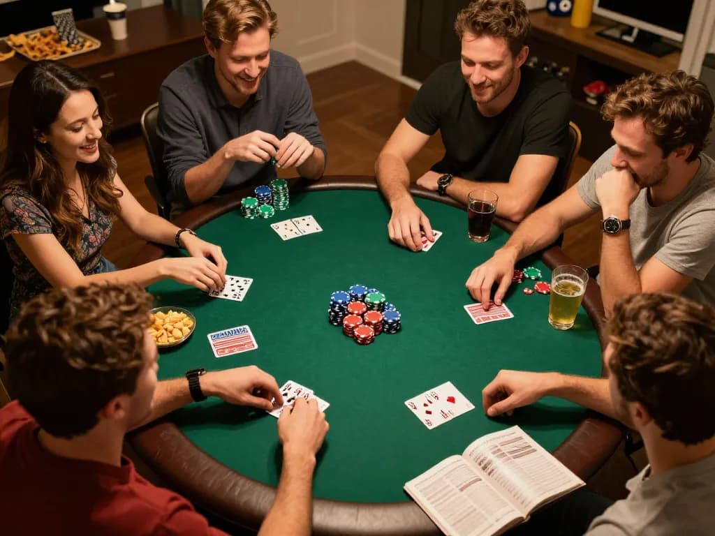 Cakhia TV empowering friends at a lively home poker night with chips and cards creating a friendly competition.