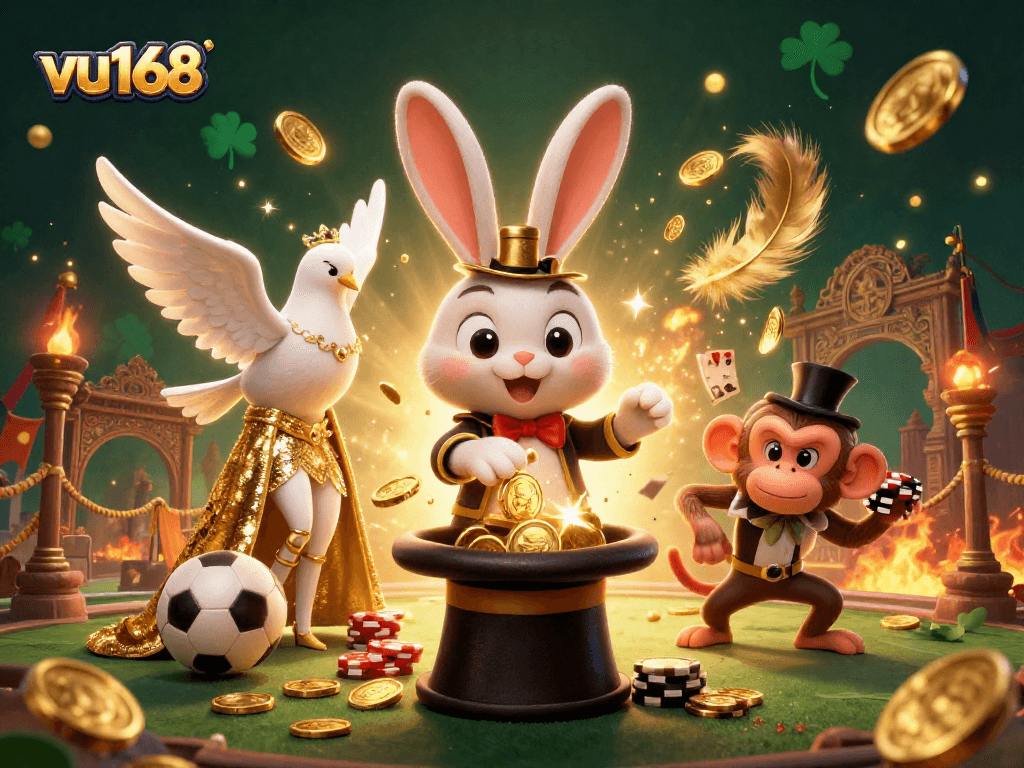 Experience the excitement of sports betting with the enchanting vu168 mascot trio amid golden coins and magical effects.