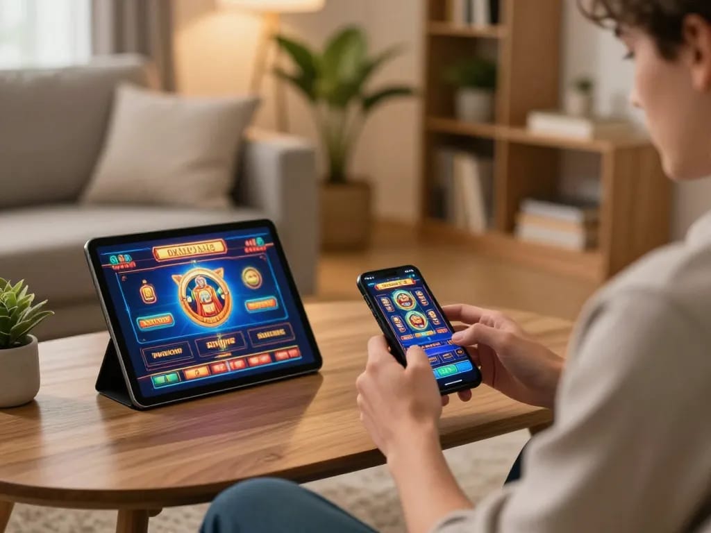 Pemain bermain slot mobile aman788, smartphone di tangan dan antarmuka kasino terlihat.