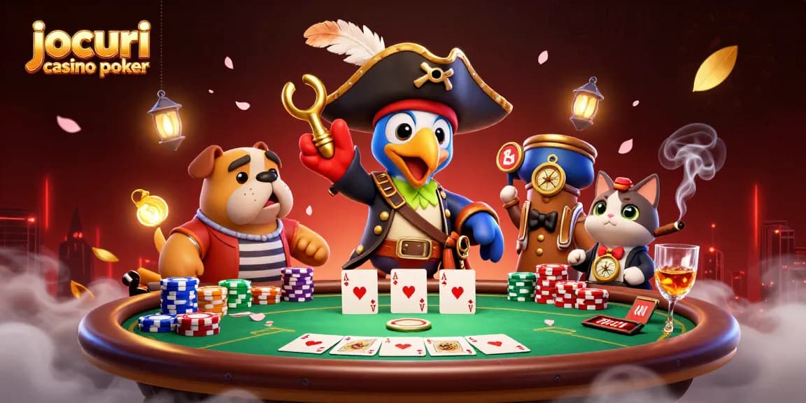 Joacă jocuri casino poker cu căpitanul pescar, câinele și pisica, la masa de poker.