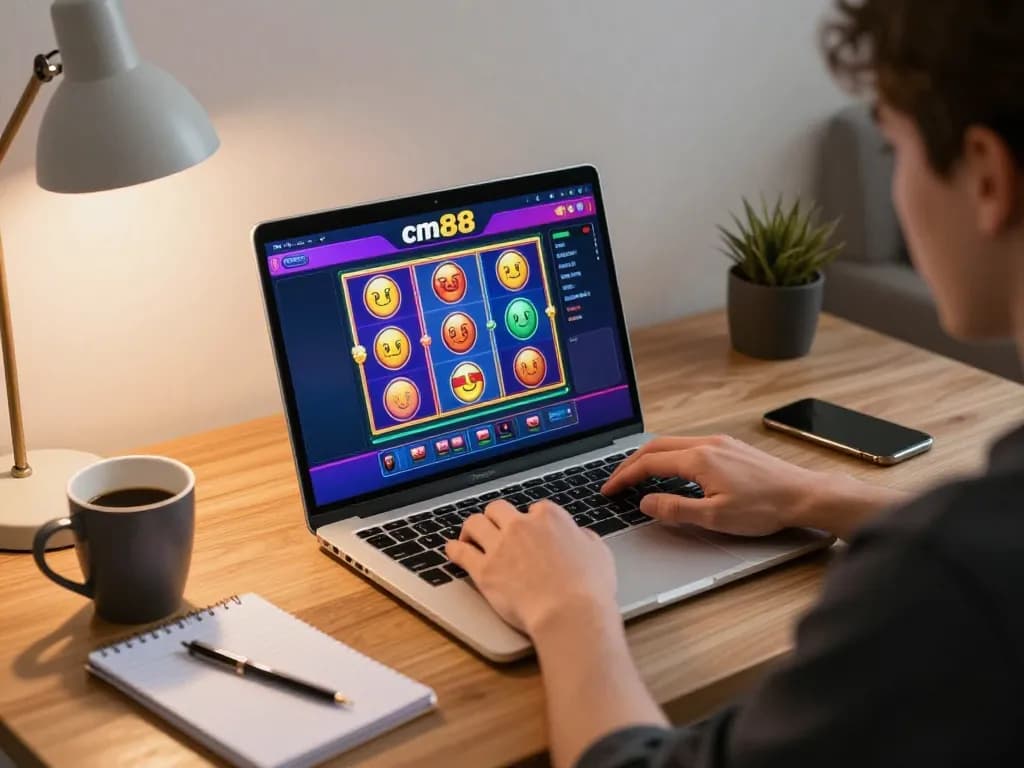 Player engaging with cm88 online casino on laptop at home, tracking bets with notes.