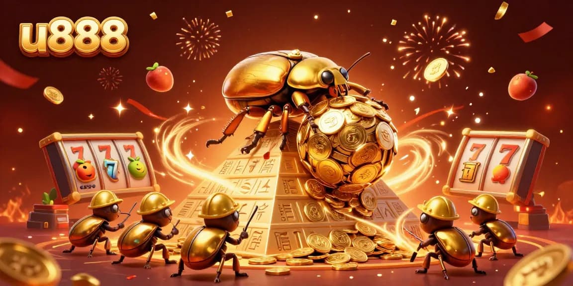 Experience u888's thrilling slot action with golden beetles and exciting symbols!
