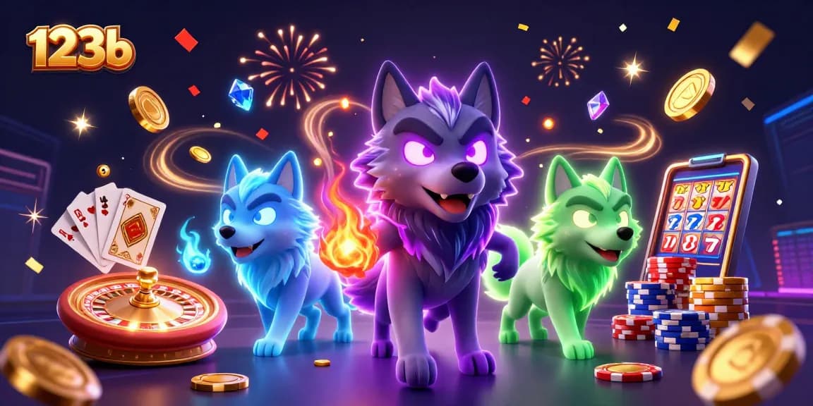 Experience thrilling wins at 123b with dynamic games featuring animated glowing wolves and casino elements.