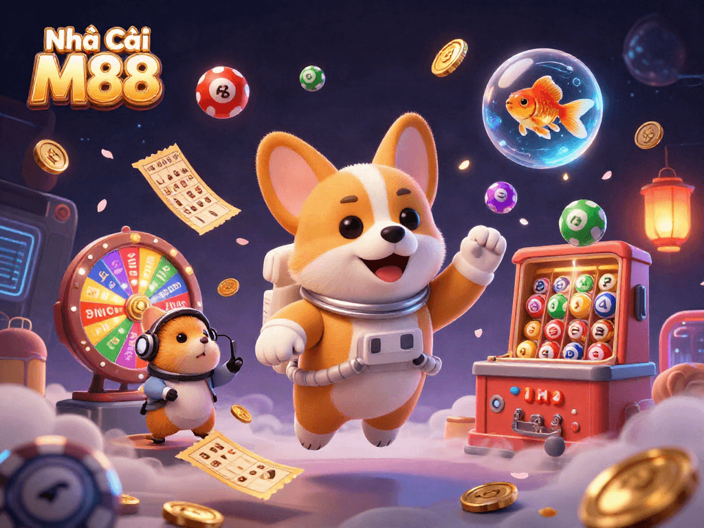 Engage with Nhà Cái M88 in this dynamic casino scene featuring whimsical characters and vibrant games.