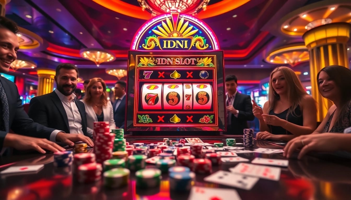 Gambling excitement with IDN slot machine in a vibrant casino atmosphere, showcasing players and chips.